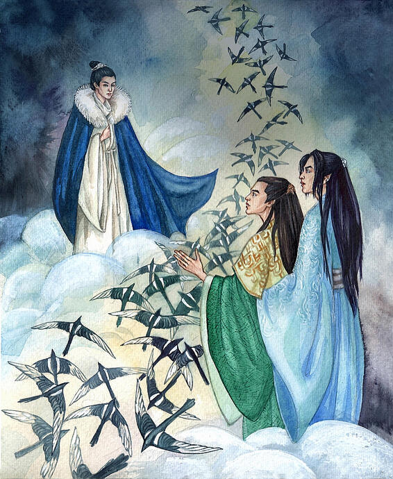 Lin Chen, Lin Shu | Mei Changsu | Su Zhe, Xiao Jingyan. Once a year, on the 7th day of the 7th lunar month, a flock of magpies would form a bridge to reunite the lovers for one day. Drawn May 2020